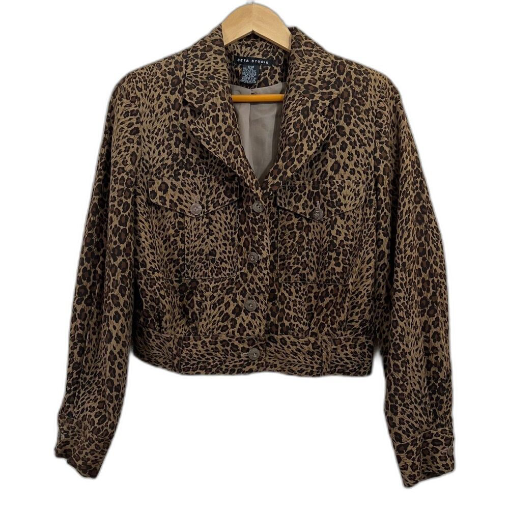 Seta Studio Size 8 Women Brown Leopard Print 100% Silk 90s Y2K Cropped Jacket